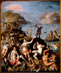 Pesca de coral Representação alegórica da descoberta do Novo Mundo. Ninfas aquáticas e indianas com as riquezas do mar, corais, conchas de pérolas. Pintura por Jacopo Zucchi (1551-1589) 1585 aproximadamente Dim. 55 x 45 cm Roma, galeria Borghese