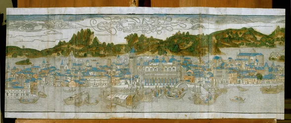 Veneza com a Praça de São Marcos, o Palácio Ducal e o antigo campanário ... (xilogravura)