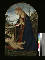 Madonna Adorando a Criança Cristo (óleo sobre madeira)
