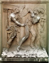 Caças Adão e Eva de mármore de baixo relevo do Paraíso Terrestre por Jacopo Della Quercia (1374/8-1438) 1430-1435 Dim. 86x68 cm Bologna Chiesa di San Petronio