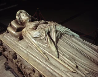 Ilaria del Carretto jacente (1379-1405), esposa do político italiano Paolo Guinigi (1376-1432) - monumento funerário de Ilaria del Carretto, esposa de Paolo Guinigi. Escultura em mármore de Jacopo della Quercia (1371/74-1438), 1406-1407, Lucca, catedral