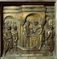 O anjo aparece a Zacarias (telha de bronze da fonte batismal, c.1427)
