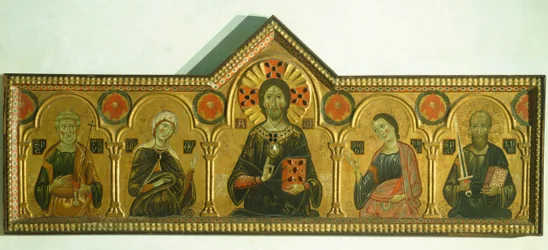 O Redentor com a Virgem e três Santos, de Meliore Toscano ou Meliore di Jacopo (ca 1255-1285), tempera e ouro sobre painel, 85x210 cm, Detalhe