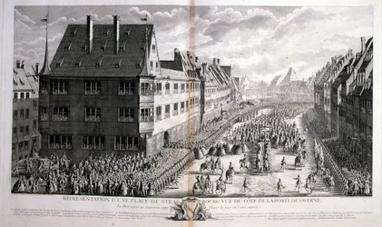 Ilustração do século XVIII de Luís XV, rei de França, reinou entre 1715 e 1774, a passar pela Rue de Strasbourg, em Paris.