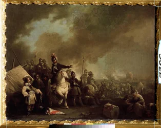 "Campo militar durante o cerco" (Campo militar durante o cerco) Pintura de Jacques Courtois, conhecido como o borgonhês (1621-1676) Século XVII Museu Estadual ao ar livre Tsarskoye Selo, São Petersburgo