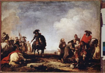 ""Depois da batalha"" (Depois da batalha) Um grupo de monges passa entre os feridos para abençoá-los. Pintura de Jacques Courtois (1621-1696) Museu Hermitage do século XVII, São Petersburgo (São Petersburgo)