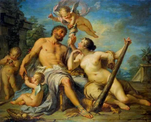 Hércules e Ônfale. Hércules (Heracles) está apaixonado por Ônfale, de quem é escravo. Pintura de Jacques Dumont, chamado o Romano (1701-1781). 1728. Dimensões: 1,33 x 1,67 m. Tours, Museu de Belas-Artes