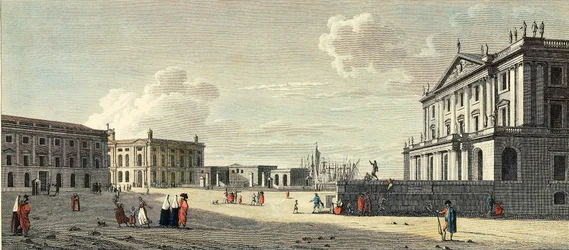 A Llotja (antiga bolsa de valores), o palácio do Capitão Geral das Alfândegas e a Porta do Mar de Barcelona (gravura)