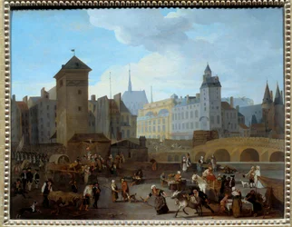 Revolução Francesa: "Vista da ponte e da bomba Notre-Dame em Paris" A bomba alimentou várias fontes parisienses, cenas da vida quotidiana, de comerciantes, atendentes de ambulância carregando um ferido, soldados fugindo. Pintura de Jacques Albert Senave (1