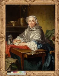Madame Brion, sentada, a tomar chá
