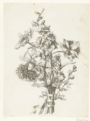 Bouquet com anêmonas, um jacinto e delphiniums Diverse Fleurs mises en Boucquets (título da série)