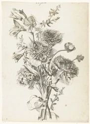 buquê de anêmonas Buquê com anêmonas, uma peônia, flores de caule e gladíolo Diverse Fleurs mises en Boucquets (título da série)