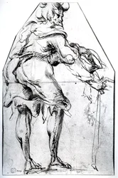Mendigo com chapéu e pau (caneta e tinta sobre papel)