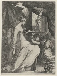 A Virgem Maria Girando com o Menino Jesus e um Anjo Maria com criança e um anjo segurando uma roca