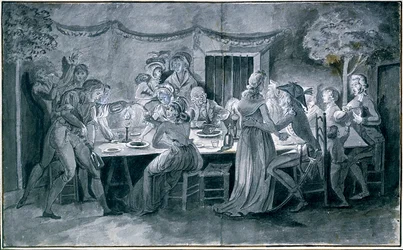 Jantar de casamento durante o Sorteio da Revolução de Jacques Bertaux (1745-1818) Paris.