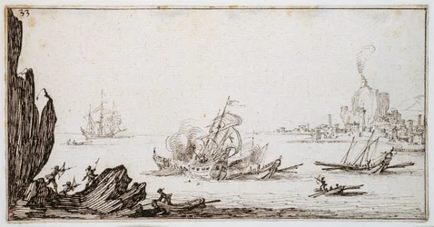 Uma galé empurrada em meio a navios por um homem-guerra à vista do porto, c.1617 (caneta e tinta marrom sobre papel)