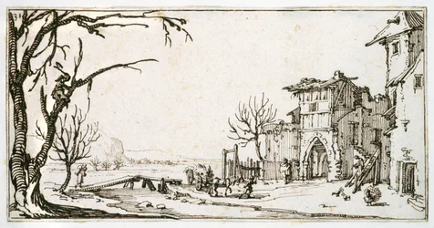 Um haywain sendo levado para o portão medieval de uma aldeia, um homem abrindo um ramo, de um álbum pertencente a Israel Silvestre, c.1630 (caneta e tinta sobre papel)
