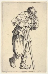 Homem barbudo, vestido de farrapos, segurando a cabeça com uma mão e uma bengala com a outra, de «Os Mendigos» (Les Gueux)