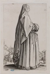 A nobreza, a dama com um grande véu e vestido guarnecido de peles. Quinto número de uma série de 12 peças (Lieure 553, Meaume 679)