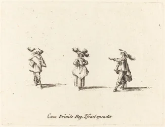 Senhora com grandes plumas e dois cavalheiros