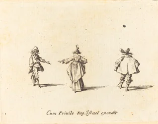 Senhora com braço estendido, visto de trás, e dois cavalheiros