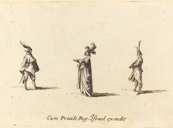Senhora com chapéu emplumado e dois cavalheiros