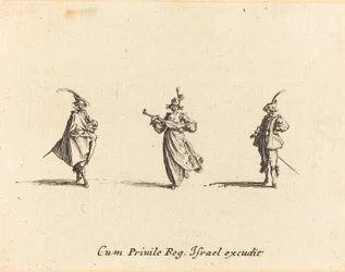 Senhora com instrumento de cordas e dois cavalheiros