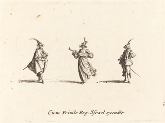 Senhora com instrumento de cordas e dois cavalheiros