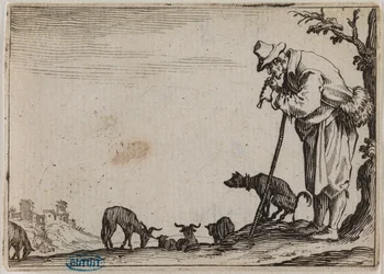 Os caprichos, o pastor a tocar flauta. Trigésimo sétimo número da série de 50 gravuras gravada em Nancy (Lieure 464, Meaume 833)