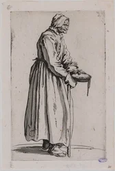 Os mendigos, a mendiga com a tigela de esmolas. Vigésimo número de uma série de 25 peças (Lieure 498, Meaume 704)