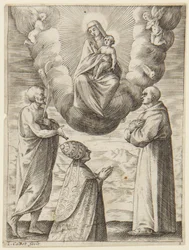 O Papa Bonifácio VIII com São Francisco e São Crispim adorando a Virgem e o Menino Jesus