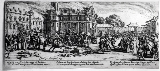 A destruição de um mosteiro, placa 6 de "As misérias e infortúnios da guerra", gravada por Israel Henriet (c.1590-1661) 1633
