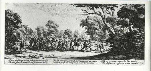 A Descoberta dos Brigands, placa 9 de &39;The Miseries and Misfortunes of War&39;, gravada por Israel Henriet (c.1590-1661) 1633