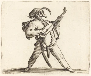 O comediante mascarado tocando uma guitarra