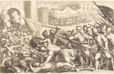 As tropas forçando o portão de uma cidade