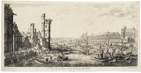 Vista do rio Sena para o Louvre à direita ... (gravura)