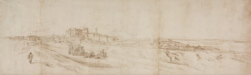 Vista do Castello Bracciano, perto de Roma com ônibus e figuras