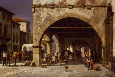 Uma cena da cidade com um Farrier (óleo sobre tela)