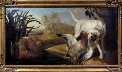 Braque dog segurando um pato-real em sua boca Pintura de Jacques Charles Oudry (1720-1778) Paris do século XVIII, Artes Decorativas