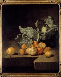 Natureza morta, couve e cebola Pintura por Jacques Charles Oudry (1720-1778)