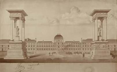 Plano para os monumentos comemorativos de 14 de Julho e 10 de Agosto, a ser colocado na Place du Carrousel (caneta e tinta sobre papel)