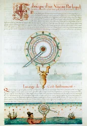 Instrumentos de navegação: navegador que utiliza um astrolábio. Página retirada de "Les Premieres Works de Jacques Devaulx Pilot en la Marine" de Jacques de Vaulx (século XVI)