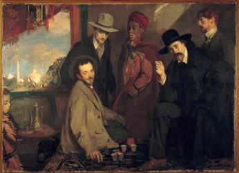 André Gide e os seus amigos no Café Maure da Exposição Universal de 1900 (Eugène Rouart; Charles Chanvin; Athman Ben Salah; Henri Ghéon). Pintura de Jacques-Émile Blanche (1861-1942), 1900. Dimensões: 1,56x2,2 m. Ruão, Musée des Beaux-Arts