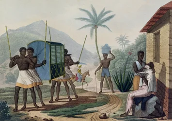 Um palanquim sendo levado na Ile de France, de "Viagem ao redor do mundo nas corvetas de Urania 1817-20", gravado por Choubard, publicado em 1825