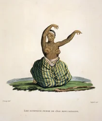 Dança mulher da ilha de Maui, nas ilhas havaianas, gravada por Parfait Augrand (n.1782)