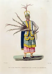 Ilha de Guam: Personagem Principal das Danças de Montezuma, de &39;Viagem ao Redor do Mundo nas Corvetas de Urania 1817-20&39; gravado por Roger, publicado em 1825