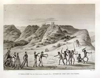 Baía dos Tubarões, Península de Perón, Nova Holanda: Encontro com os nativos, de &39;Viagem ao redor do mundo nas corvetas de Urania 1817-20&39; gravado por Dupare, publicado em 1825