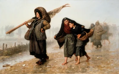 As apanhadoras de marisco. Mulheres camponesas, descalças ou de tamancos, regressam a casa com os seus cestos cheios de conchas e protegem-se da chuva. Pintura de Jacques Eugène Feyen (1815-1908). Óleo sobre tela. Coleção particular.
