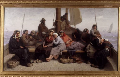 Pesca de ostras no convés de um barco - Pintura de Eugene Feyen (1815-1908), n.d.