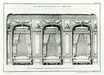 Uma elegante sala de desenho parisiense, no início de 1770, da Cours dArchitecture, Paris, publicada em 6 volumes de 1771 a 1777 por Blondel, Jacques-François (1705-74). Série concluída por Pierre Patte após sua morte,